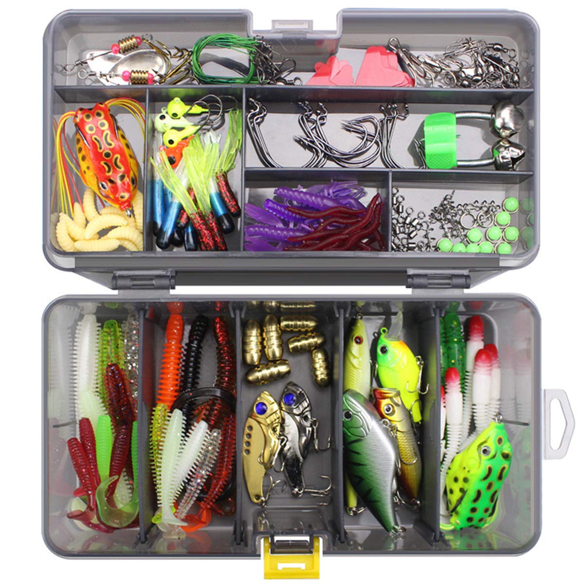 RoseFlower 168 Pieces Fishing Lure Kits Mixed Universal Artificial Soft Bait Sets Including Spinning Lures, Plastic Worms, Frogs, Single Hooks, Tackle Box - Freshwater Saltwater Fishing Equipment
