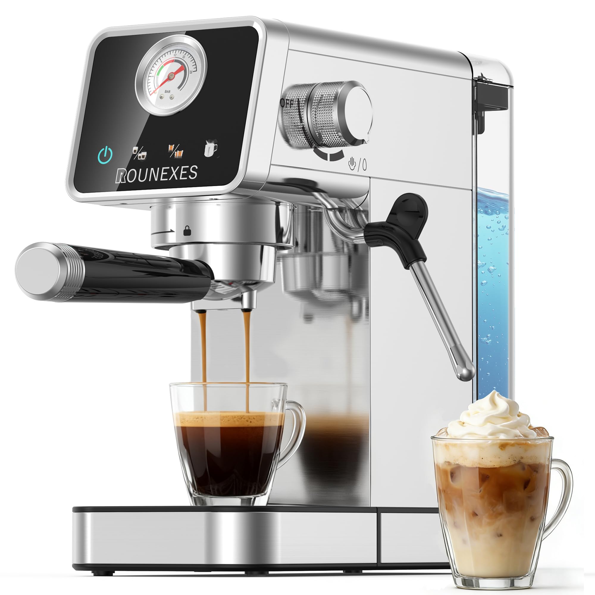 Photo 1 of Rounexes Espresso Machine 20 Bar, Compact Espresso Machine with Milk Frother, Stainless Steel Espresso Maker with Pressure Gauge, 37.2Oz Removable Water Tank for Cappuccino, Latte, Americano