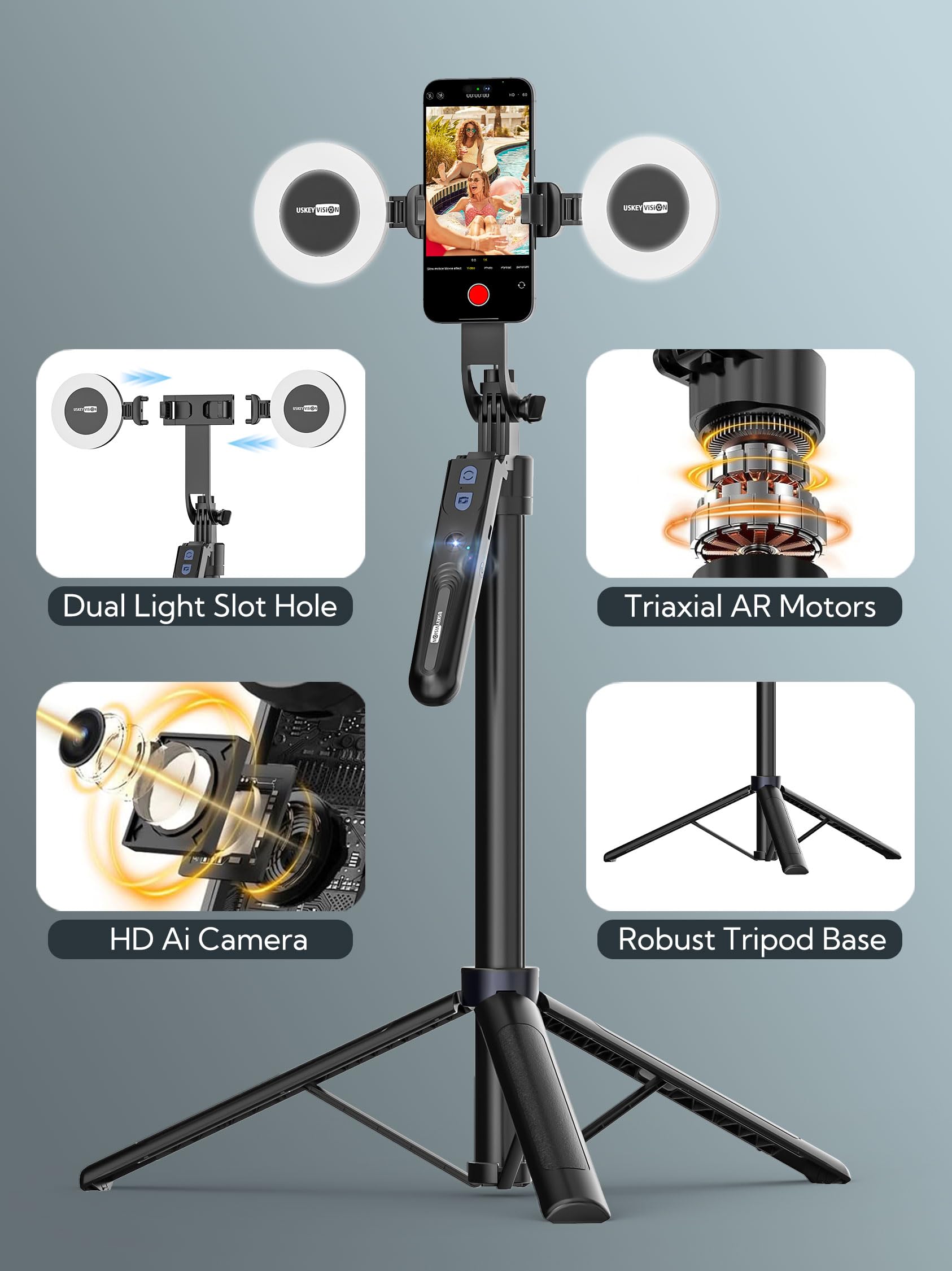 USKEYVISION Auto Face Tracking Tripod 360 Rotation,Phone Tripod for iPhone w/Fill Light,Selfie Stick for iPhone w/Remote Control,70” Phone Holder Video Recording for Content Creators TikTok(UTK-02)