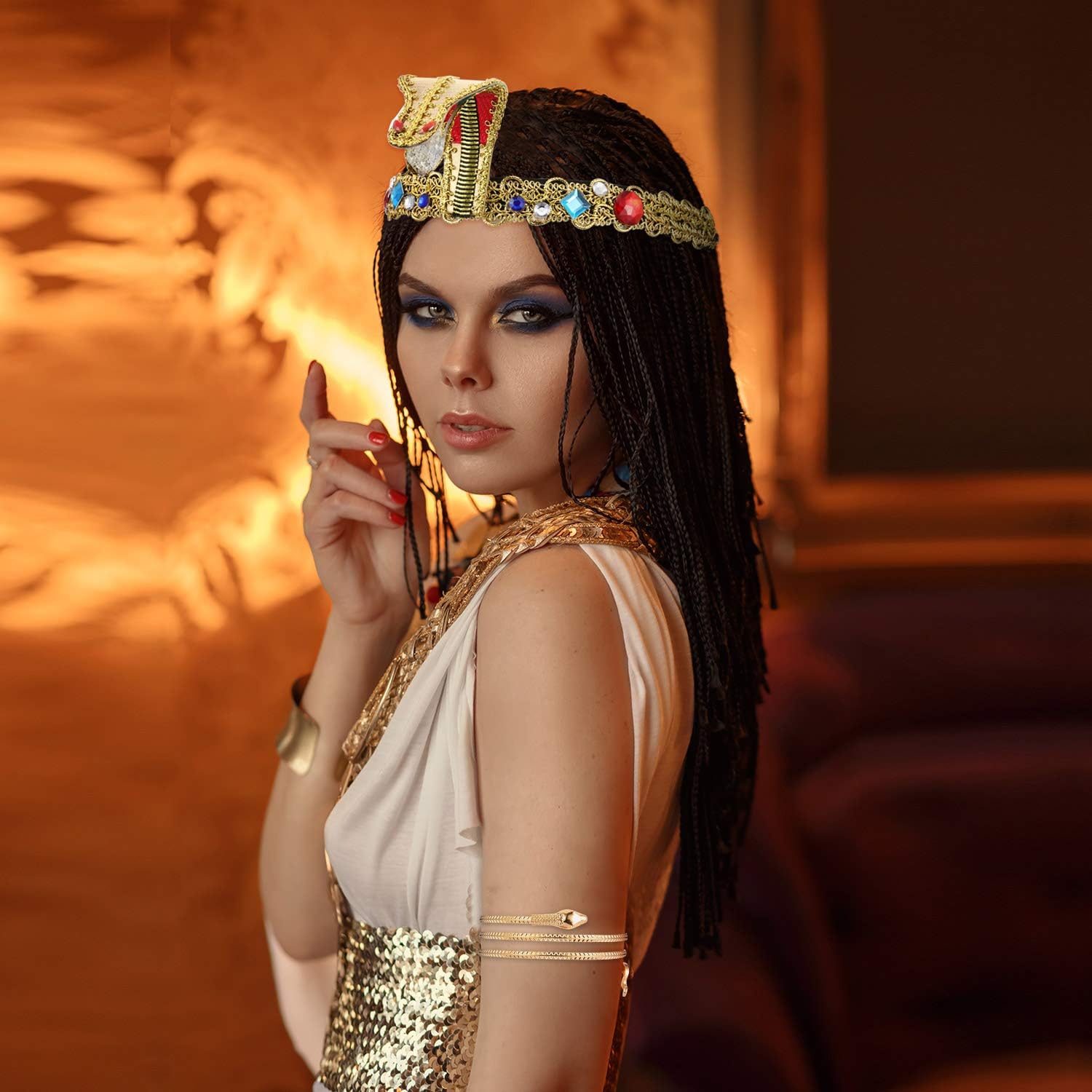 Hicarer Egyptian Costume Accessories Egyptian Headpiece with 2 Metal Snake Cuffs for Women Metal 3 Pieces, 24 centimètres, Metal - Image 5