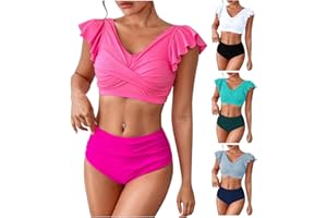 VOGFFR Two Piece Swimsuit for Women High Waist Bikini Set Tummy Control Padded Swimsuit Bathing Suit with Ruffle Sleeves