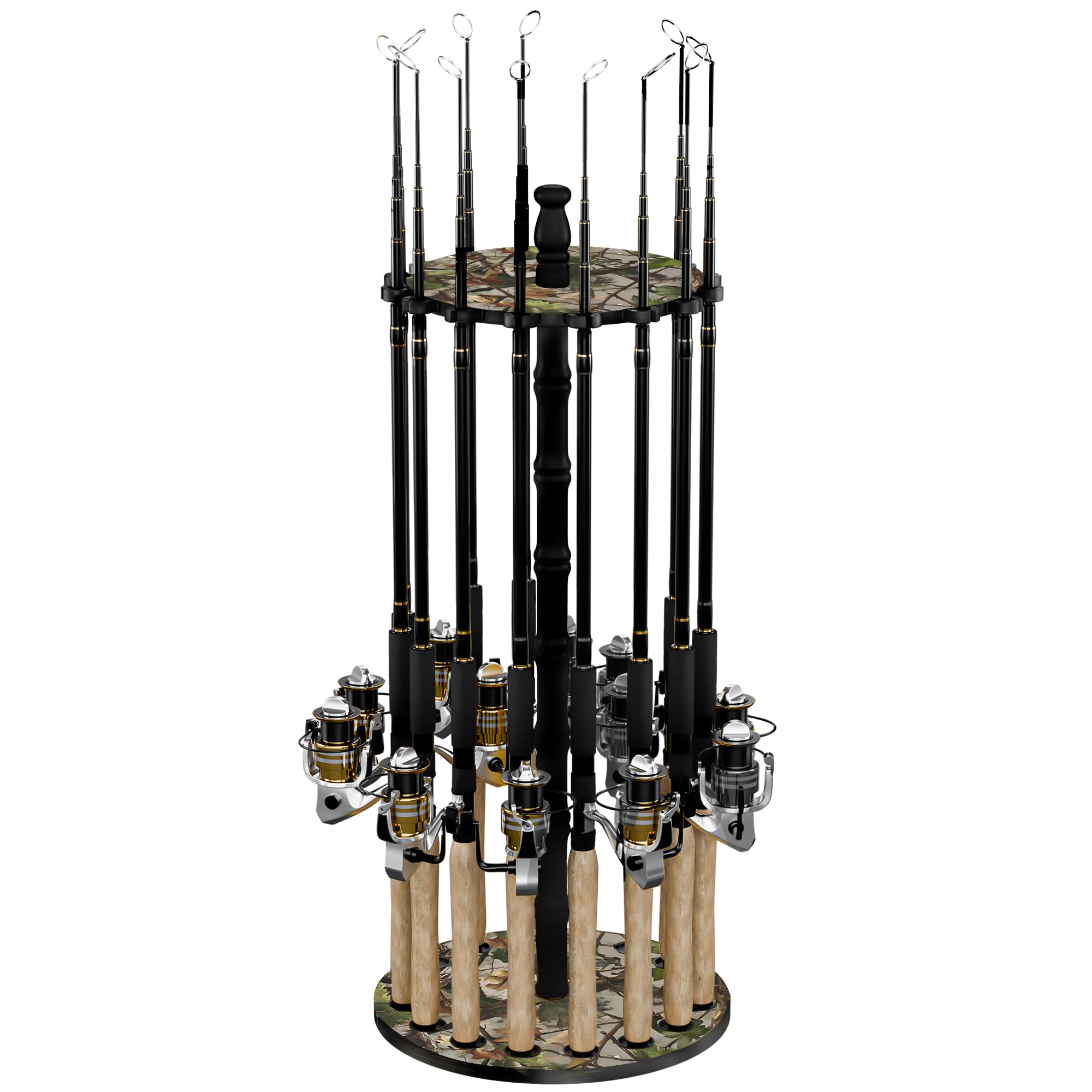 Rush Creek Creations 16-Rod Round Freshwater Fishing Rod Storage Rack, Fishing Rod Holder with 16 Freshwater Rod Clips, Camo