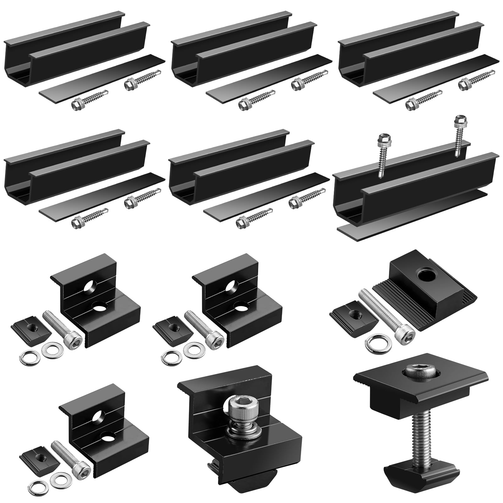GETLITOOL Solarmodul Halterung, PV Halterung Montageset zur Montage 2 Module-12cm Alu Schiene, Verstellbare Klemme für 30-35MM Module, Solarpanel Halterung Flachdach Trapezblech Ziegeldach| Schwarz
