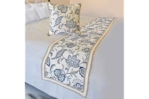 The HomeCentric King/Queen/Twin Blue Designer King 90"x18" Bed Runner with 2 Pillow Cover, Floral, Embroidered, Jute Lace & Lace Bed Scarf on Cotton Fabric - Morning Glories