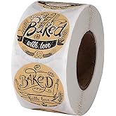 600 Baked with Love Stickers 1.5" Round Natural Kraft 6 Unique Design Perfect for Baked Goods Packing and Wrapping, Add Unique Touch to Your Business and Homemade Cookies