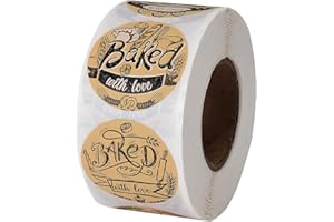 CUALFEC 600 Baked with Love Stickers 1.5" Round Natural Kraft 6 Unique Design Perfect for Baked Goods Packing and Wrapping, Add Unique Touch to Your Business and Homemade Cookies