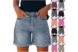 Women's Y2K Denim Shorts Ripped Distressed Rolled Hem Casual Summer Button Zip Retro Jeans Shorts with Pockets