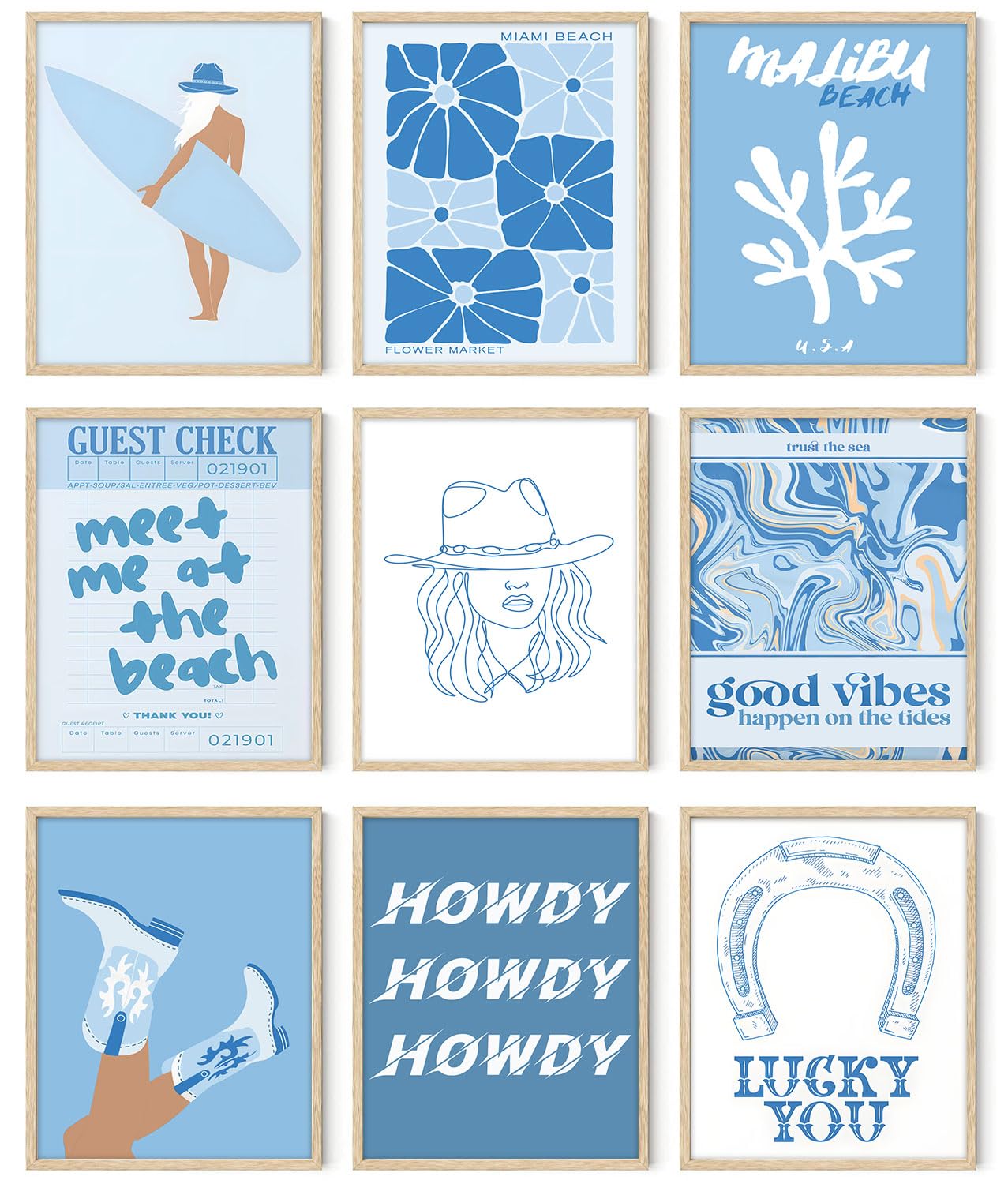 Photo 1 of 9Pcs Coastal Granddaughter Wall Art Prints Blue Coastal Cowgirl Surfer Girl Canvas Posters Beachy Preppy Aesthetic Room Decor Pictures for Teen Girl Dorm Apartment Decoration Unframed (8"X10"X9PCS, Blue Cowgirl)