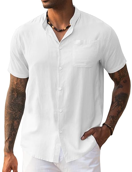 URRU MEN’S SHORT SLEEVE LINEN SHIRT BAND COLLAR BUTTON DOWN SHIRTS SUMMER BEACH SHIRT WHITE L