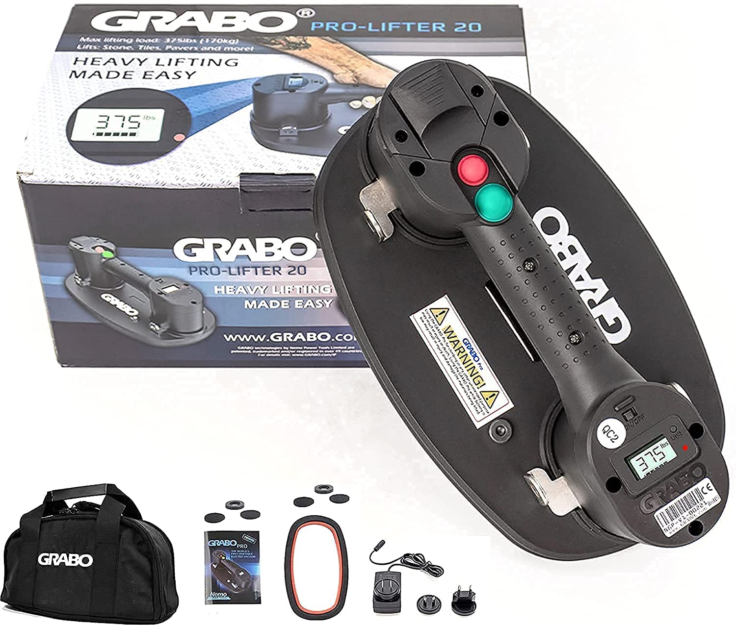 Photo 1 of GRABO PRO-Lifter-20 Electric Vacuum Suction Cup (2021) For Tiles, Stone, Wood, Glass, Concrete Pavers, Drywall. Lifts up to 375lbs with Auto Shut-OFF Switch. Incl: 1 Battery,1 Seal, Charger, Carry Bag