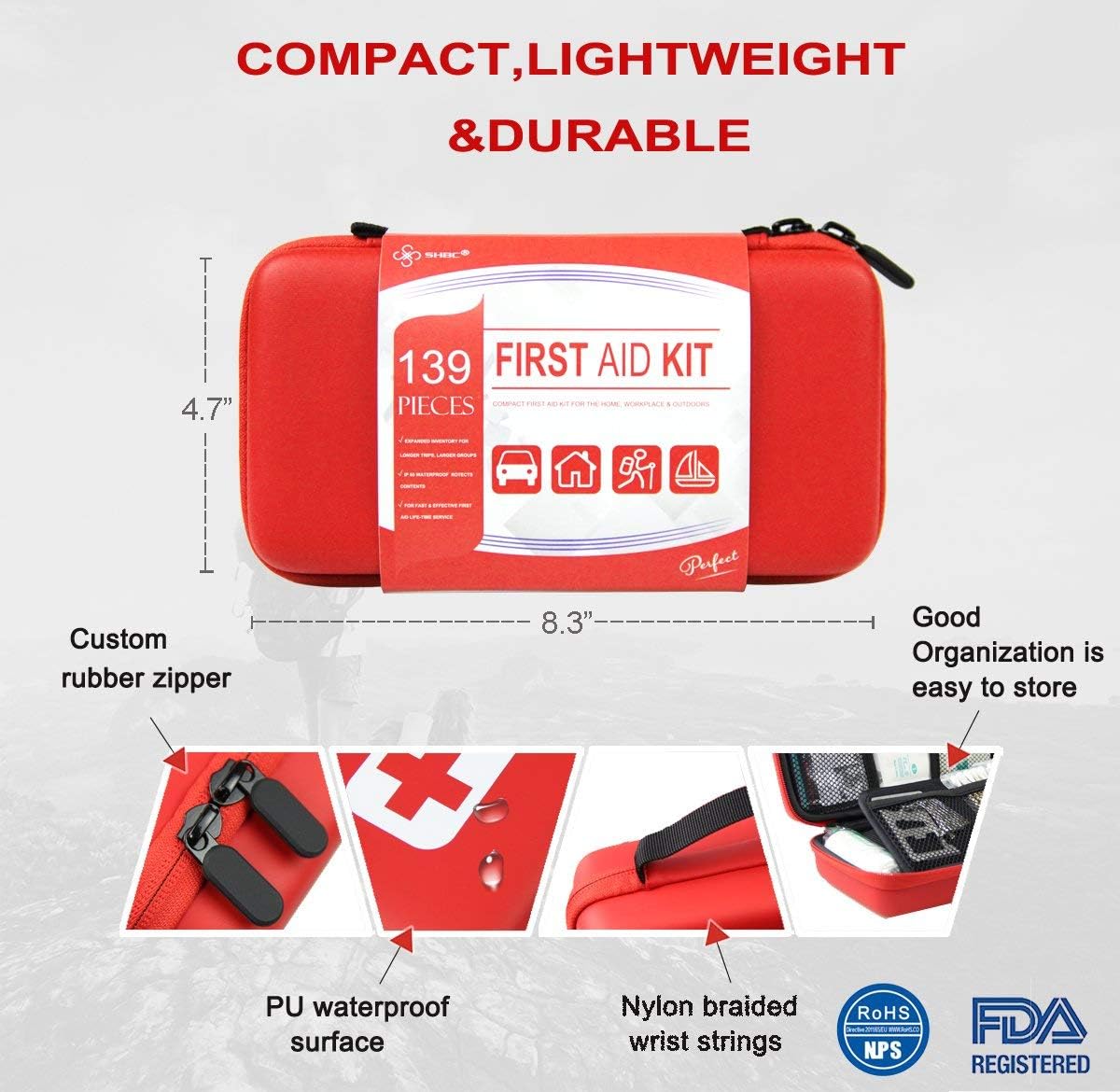 SHBC Compact First Aid Kit (139 Piece) Adventure Medical Kits Waterproof- Includes Emergency Blanket, Fire Starter, Compass, Wire Saw for Survival, Home, Car, Camping, Hiking, Hunting, Sport: Health & Personal Care