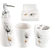 HOME-X Bathroom Accessory Set, 4-Piece Set with Soap Dish, Liquid Dispenser, Tumbler, and Toothbrush Holder, White with Flower Print
