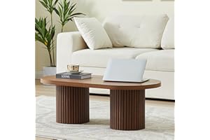 RUSTYER Oval Fluted Coffee Table, Farmhouse Wood Coffee Table Mid Century Modern Center Table Boho Living Room Tables for Living Room Office (Walnut, 19.69" D x 39.38" W x 13.78" H)