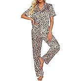 Ekouaer Silk Satin Pajamas Set Women Short Sleeve Sleepwear Soft Button Down Loungewear Pjs Set