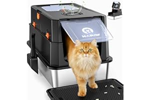 HAPAW Stainless Steel Litter Box with Lid, Anti-Leakage Enclosed Metal Litter Box, Flip-Top Extra Large Kitty Litter Pan with Scoop & Pedal, Odor Free, Front & Top Dual Entry, Black