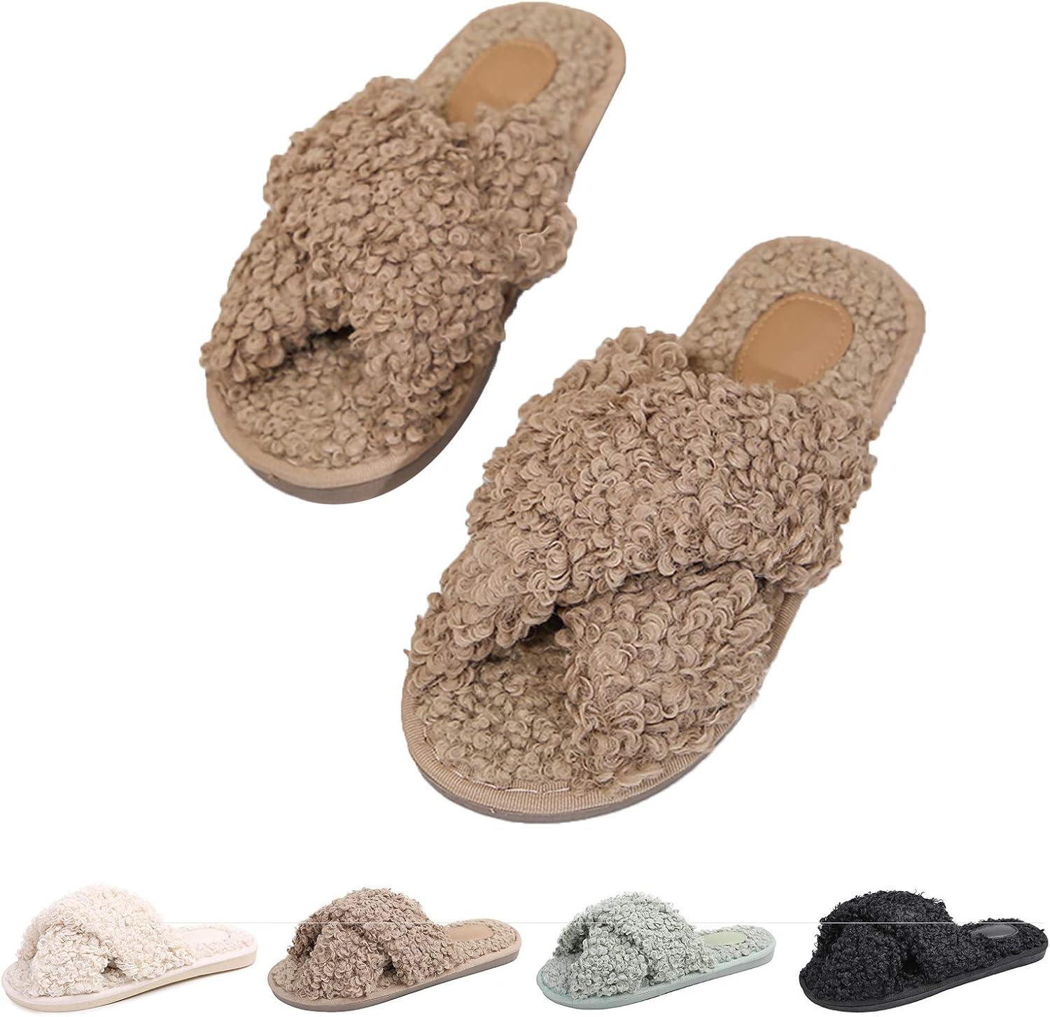Furry Cross Band House Slippers for Women Fuzzy Slippers Women Sandals