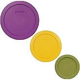 Pyrex 7202-PC, 7200-PC &amp; 7201-PC Food Storage Lids - Made in USA | (1-Cup) Olive Green | (2-Cup) Butter Yellow | (4-Cup) Thistle Purple | Meal Prep | Covers | BPA-Free Plastic