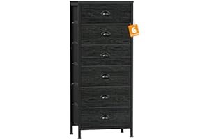 Furnulem Tall Dresser with 6 Drawers,Vertical Bedside End Table & Chest for Bedroom,Black Storage Tower Dorm Nightstand with Fabric Drawer Organizer Unit Furniture in Living Room,Closet,Hallyway