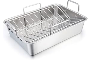 TeamFar Stainless Steel Roasting Pan, 16 Inch Large Turkey Roaster Lasagna Pan with V Rack & Cooling Rack Set for Roasting, Baking, Healthy & Heavy Duty, Deep Side & Dishwasher Safe - 3 PCS