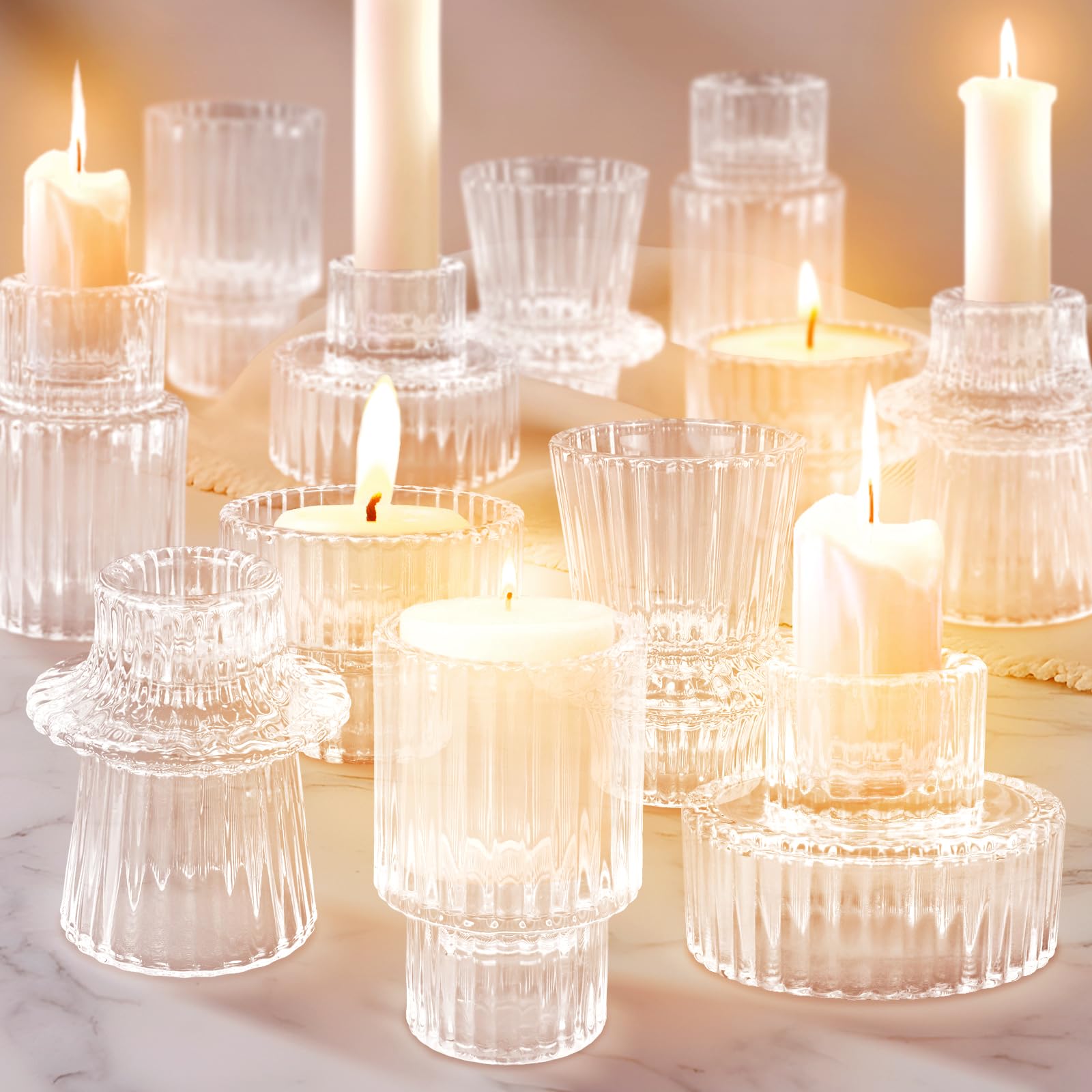 Photo 1 of Coolsheepsia 12 Pcs Glass Candlestick Holders Taper Candle Holders for Table Centerpieces, Wedding Decor and Dinner Party, Clear
