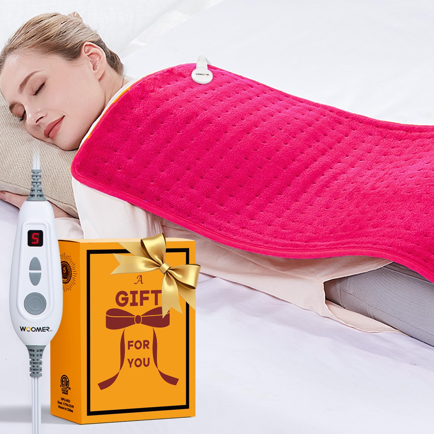 Photo 1 of WOOMER Extra Large Heating Pad, 17"x33" XL Heating Pad, Heat Pad with Multi-Color Option, Moist Heat Therapy Feature, Auto Shut-Off, Power Cords Storage Belt