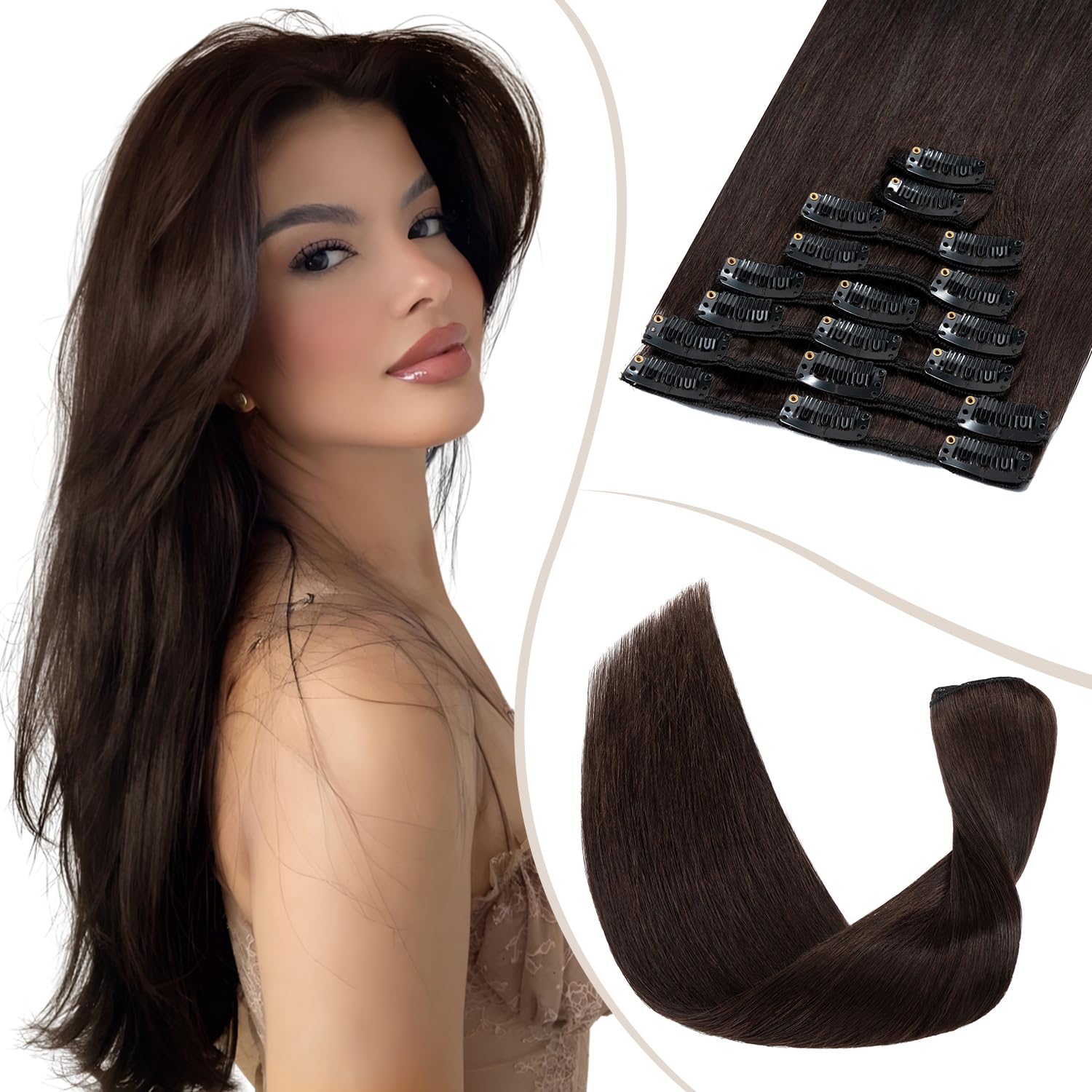 TESS Clip in Hair Extensions Real Human Hair Brown Remy Seamless 8 Pieces Straight Short for Women/Girls (#02 Dark Brown, 08 Inch 45g) — image 1