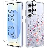 GVIEWIN Compatible with Samsung Galaxy S25 Case, Clear Floral Slim Shockproof Protective Women Phone Case, Non-Yellowing, with Screen Protector & Camera Lens Protector 6.2", Floratopia/Colorful