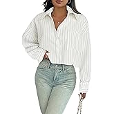 WDIRARA Women's Long Sleeve Crop Blouse Collared Button Down Shirts with Chest Pocket