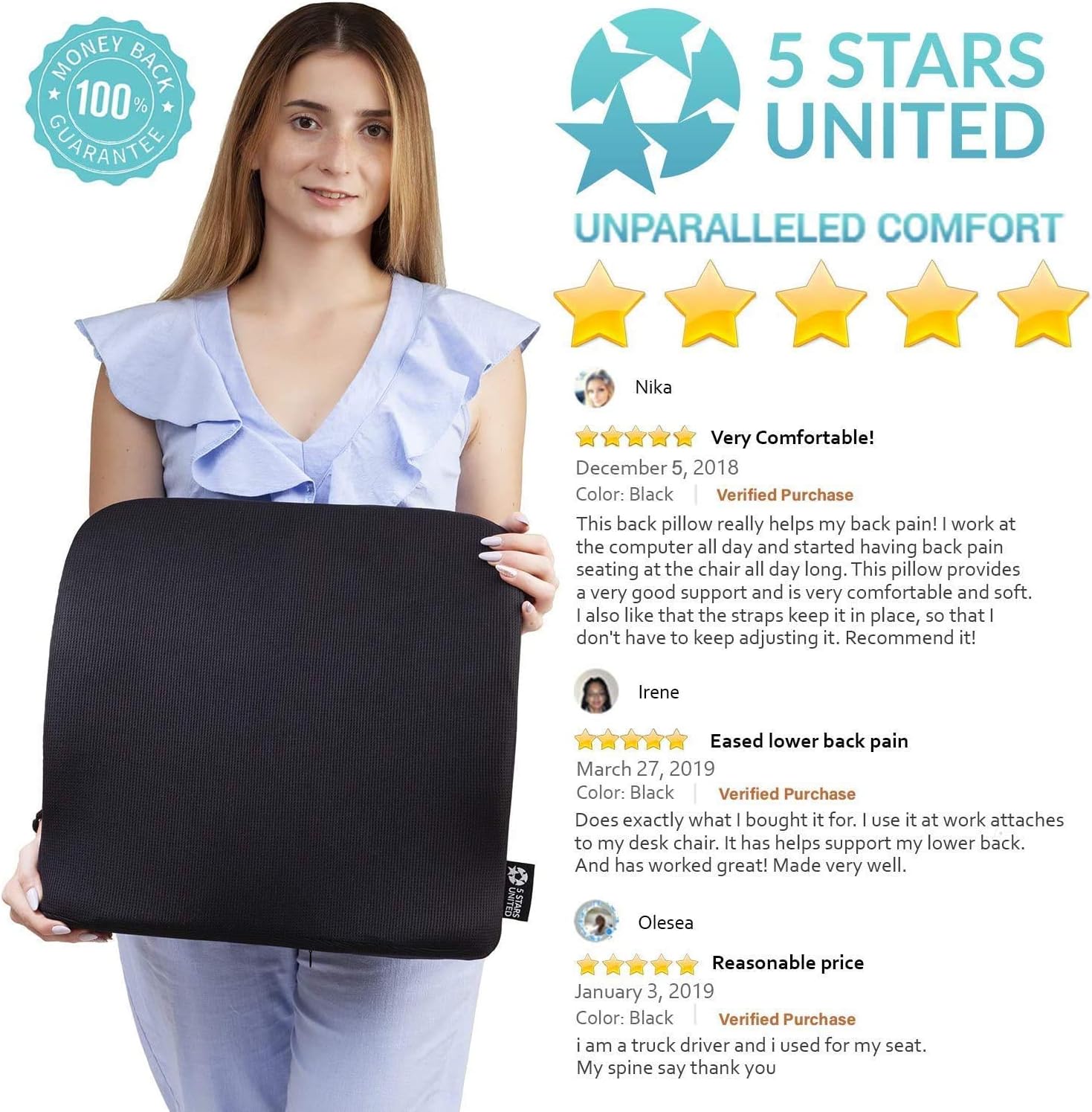 5 STARS UNITED Back Support for Office Chair - Memory Foam Lumbar Pillow - Perfect Cushion for Car, Computer and Desk Seat: Health & Personal Care