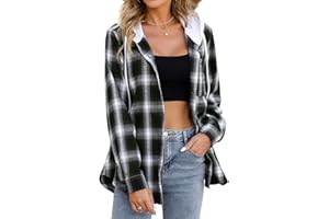 INFITTY Women's Buffalo Plaid Hoodie Long Sleeve Jacket Button Drawstring Casual Fall Shirts with Pocket