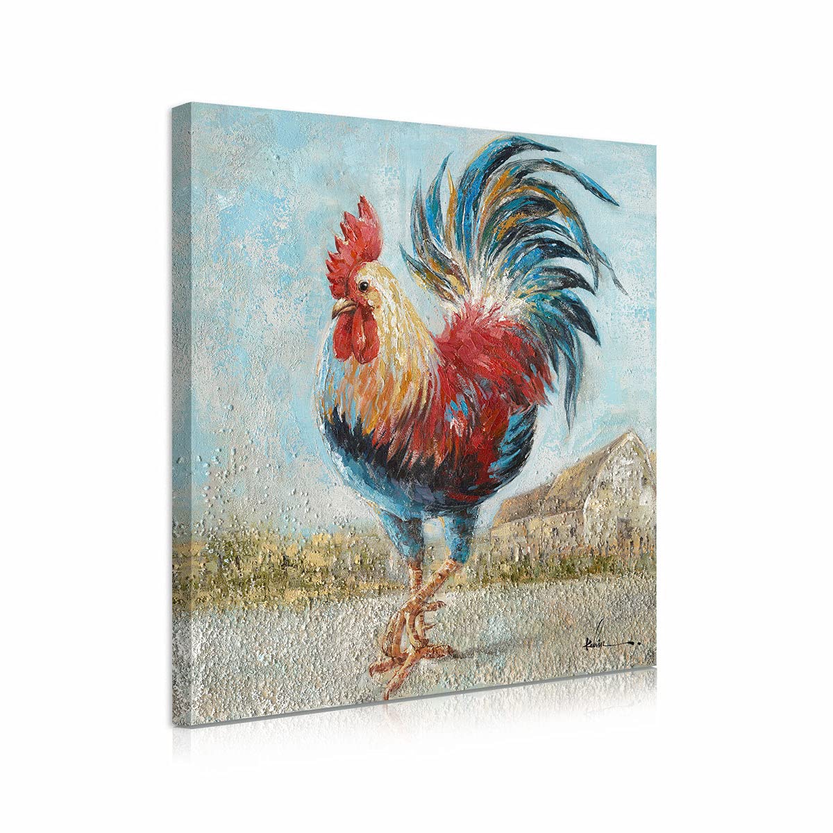 Rooster Kitchen Decor Wall Art: Vintage Farmhouse Wall Decor Rooster Pics for Kitchen Gold Farm Pictures Colorful Chicken Plumage Rooster Decor Canvas Print Rooster Picture for Dining Room 12" x 12"…