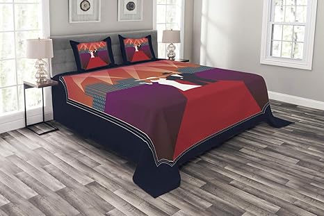 Amazon Ambesonne 古いハリウッドのベッドスプレッド レトロなファッションドレスとカップルイラスト レッドカーペット 装飾キルトベッドカバーセット 枕カバー付き マルチカラー クイーン Bed Queen 寝具カバーセット オンライン通販