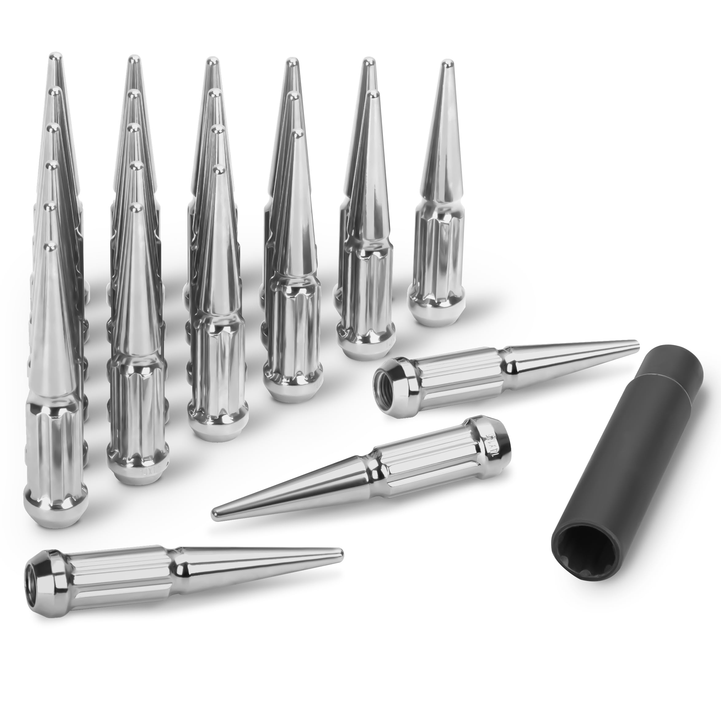 Photo 1 of M14x1.5 Spike Lug Nuts Chrome 24 Pcs, 14mm x 1.5 Spline Spiked Lug Nuts for Chevy Silverado 1500 GMC Sierra Ford F150, 14x1.5 Truck Lugnut for Ram Yukon Tahoe, Solid Metal Wheel Nut with 1 Socket Key