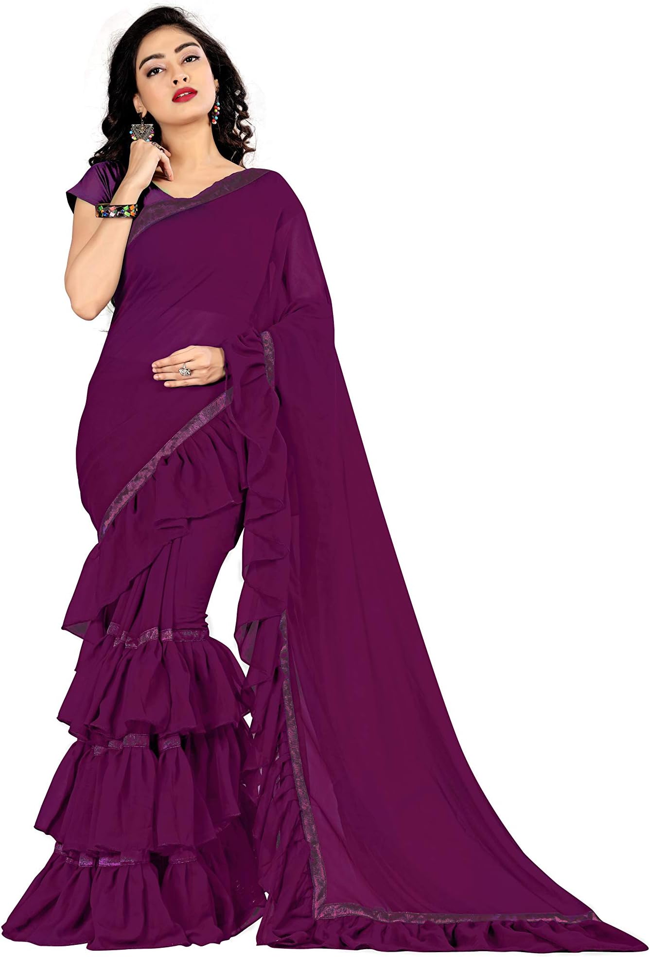 FKART Women's Georgette Ruffle Sarees For Women Ruffle Saree With Blouse Piece (Ruffle)