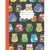 Wide Ruled Composition Notebook: Cute whimsical cat themed notebook, gift for elementary and middle school girls.