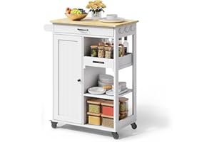 Gizoon Kitchen Island Cart with Removable Tray, 27.6''W Rolling Utility Trolley Cart with Drawer, Cabinet, Towel Rack, Hooks and 3 Open Storage Shelves, Mobile Storage Cart for Dining Room, Bar, White