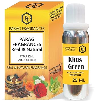 Parag Fragrances 25ml Khus Green Attar With Fancy Empty Bottle (Alcohol Free, Long Lasting, Natural Attar) Also Available in 50/100/200/500 pack