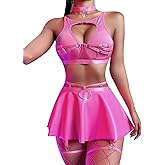 uwsic Women Leather Lingerie Set Sexy Chocker Strappy Lingerie Underwire O Ring Push Up Garter Belt Bra Skirt Outfits 5 Piece