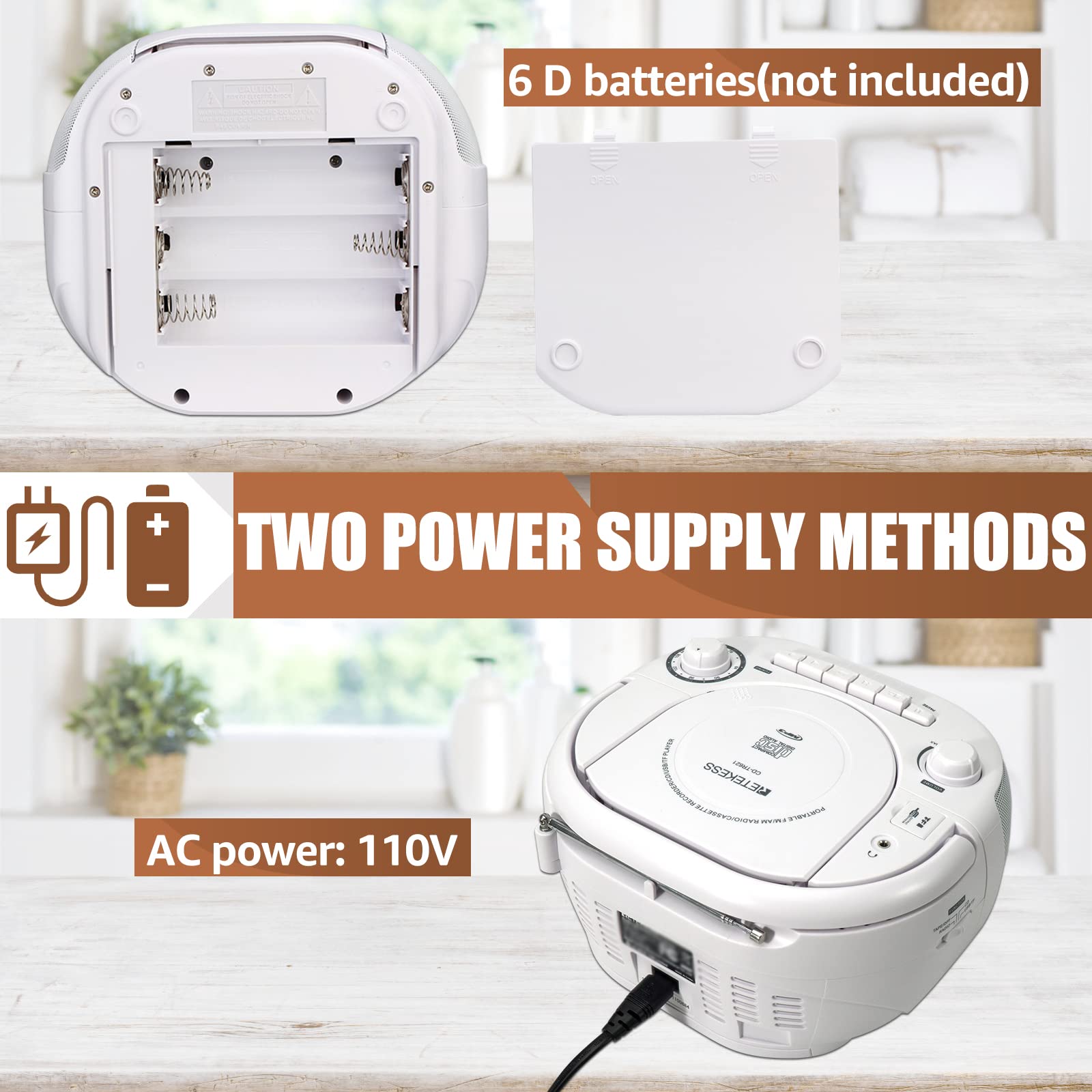 Retekess TR621 CD and Cassette Player Combo, Boombox CD Player for Home, AM/FM, Tape Recording, TF/USB Drive, AC or D Battery Powered, Headphone Jack, Stereo Sound (White)