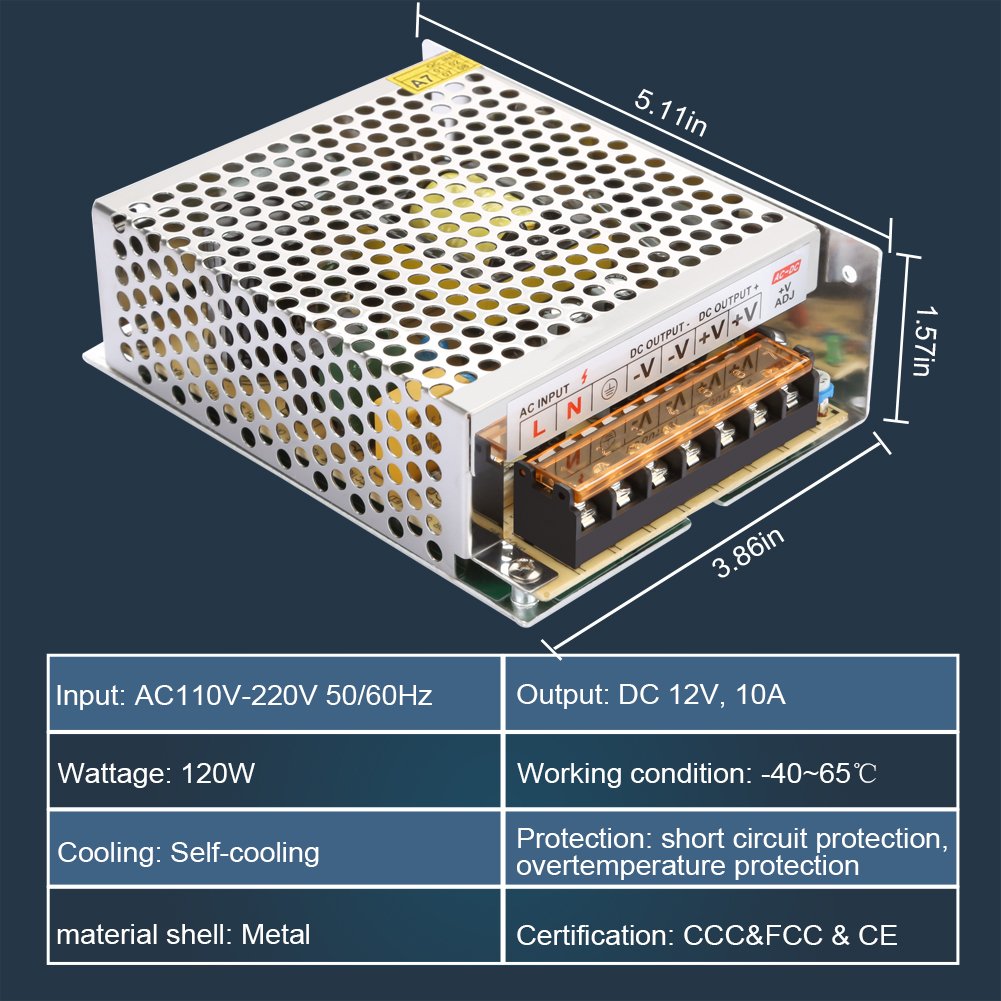 LEDMO Switching Converter, AC/DC Power Supply Adapter Transformer Driver for LED Strip Lights, AC 100V/240V to DC 12V 10A 120W LED Strip Light Power Supply Switching Mode Converter
