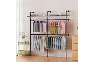 ROOMTEC Industrial Pipe Clothing Racks,Industrial Clothing Rack Wall Mounted,Heavy Duty Garment Rack Closet Wardrobe Rack with LED Lights& Shelves,Closet Clothes Rack,Walk-in Pipe Closet System