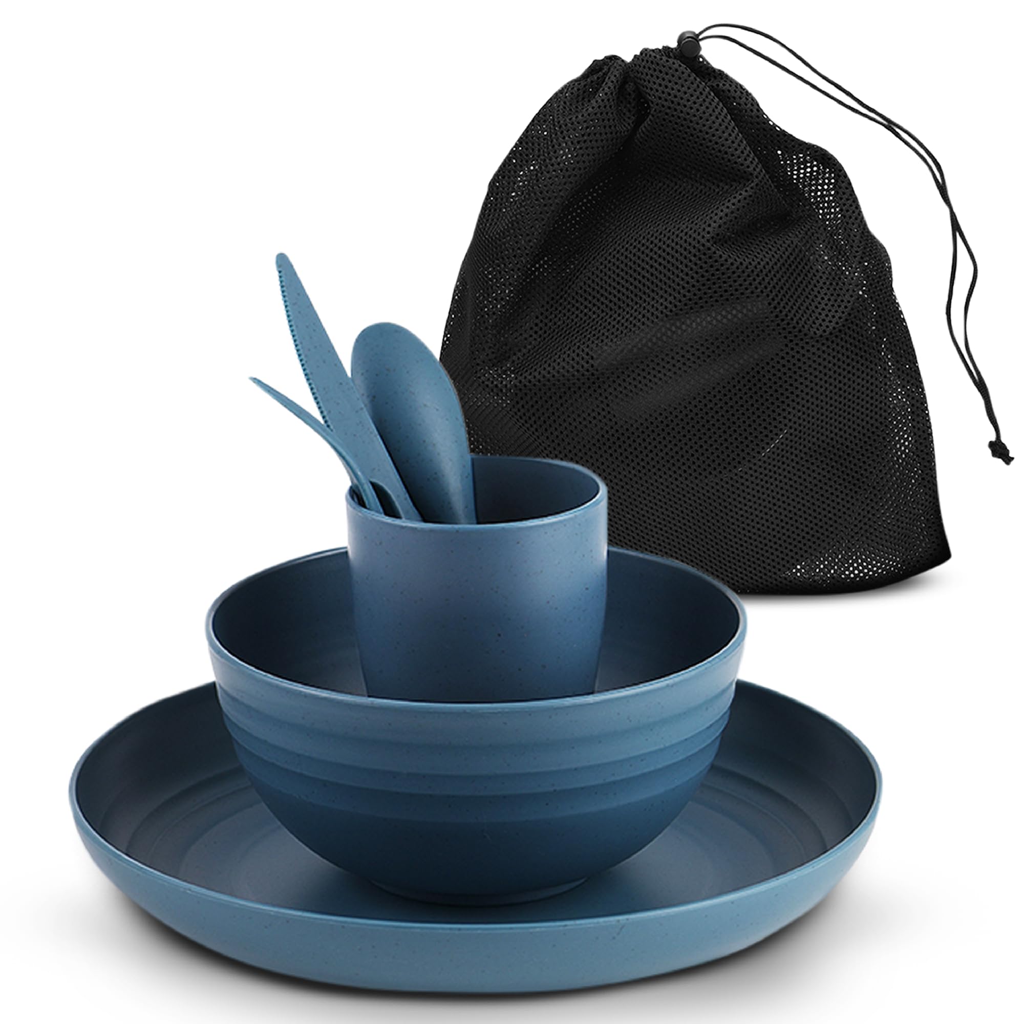 AdvntrPro 5pc Camping Cutlery Set for 1 with Travel Bag - Camping Plates and Bowls Set for 1 with Picnic Plates and Bowls, Reusable Cutlery, Cup and Travel Bag for Outdoor Dining (Blue)