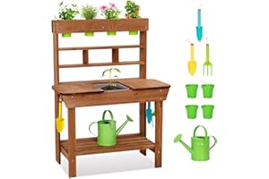 OOOK Potting Bench with Removable Sink, Potting Benches for Outside, Mud Kitchen for Kids Outdoor with Gardening Tools, Watering Can, Flower Pot, Ideal Gift for Boys and Girls 3+, Solid Fir Wood