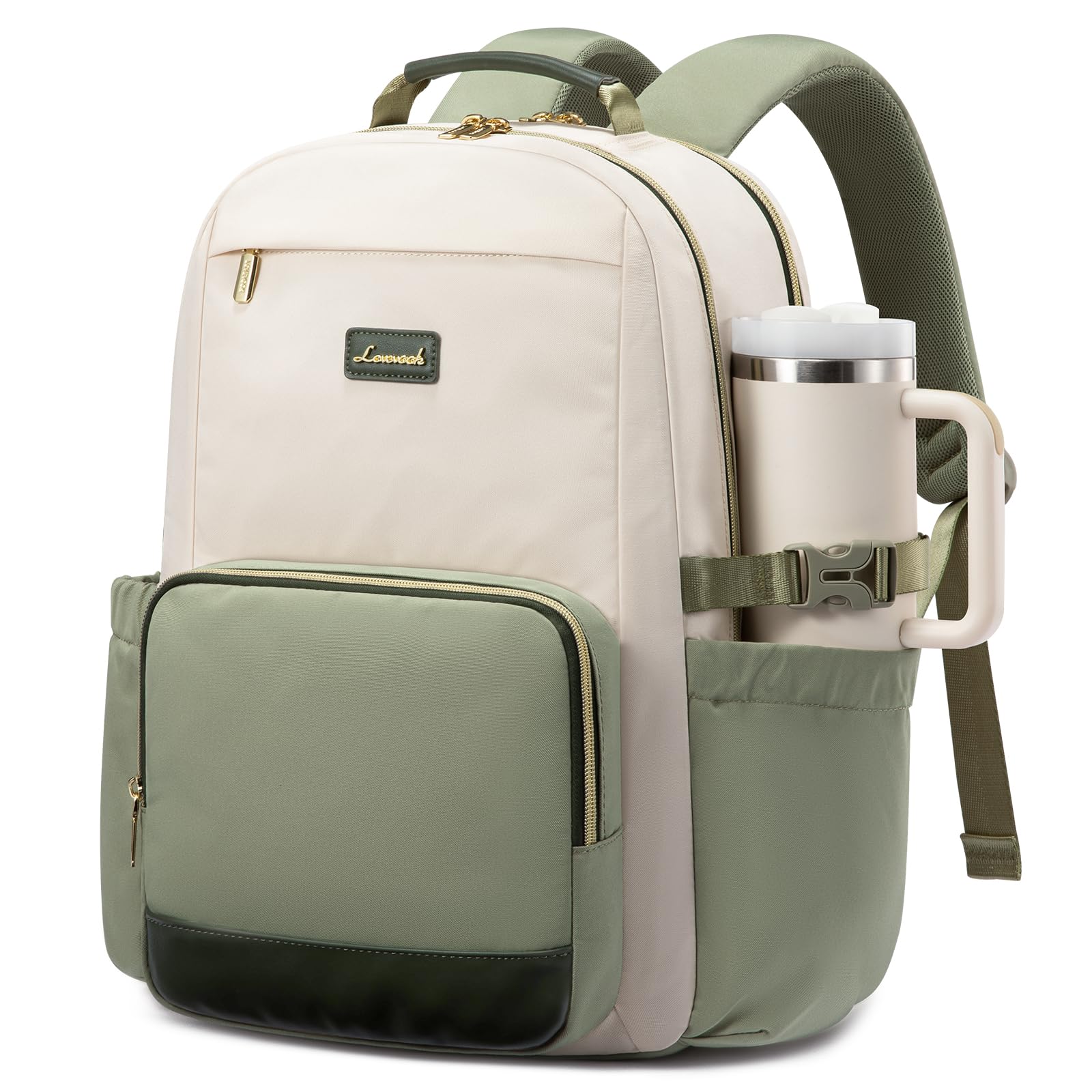 Photo 1 of LOVEVOOK Laptop Backpack for Women with Pouch Pocket for Large Capacity Cup,15.6 Inch Laptop Computer Bag Travel Backpack Purse,Waterproof Work College Teacher Bags,White-Bean Green-Dark Olive Green