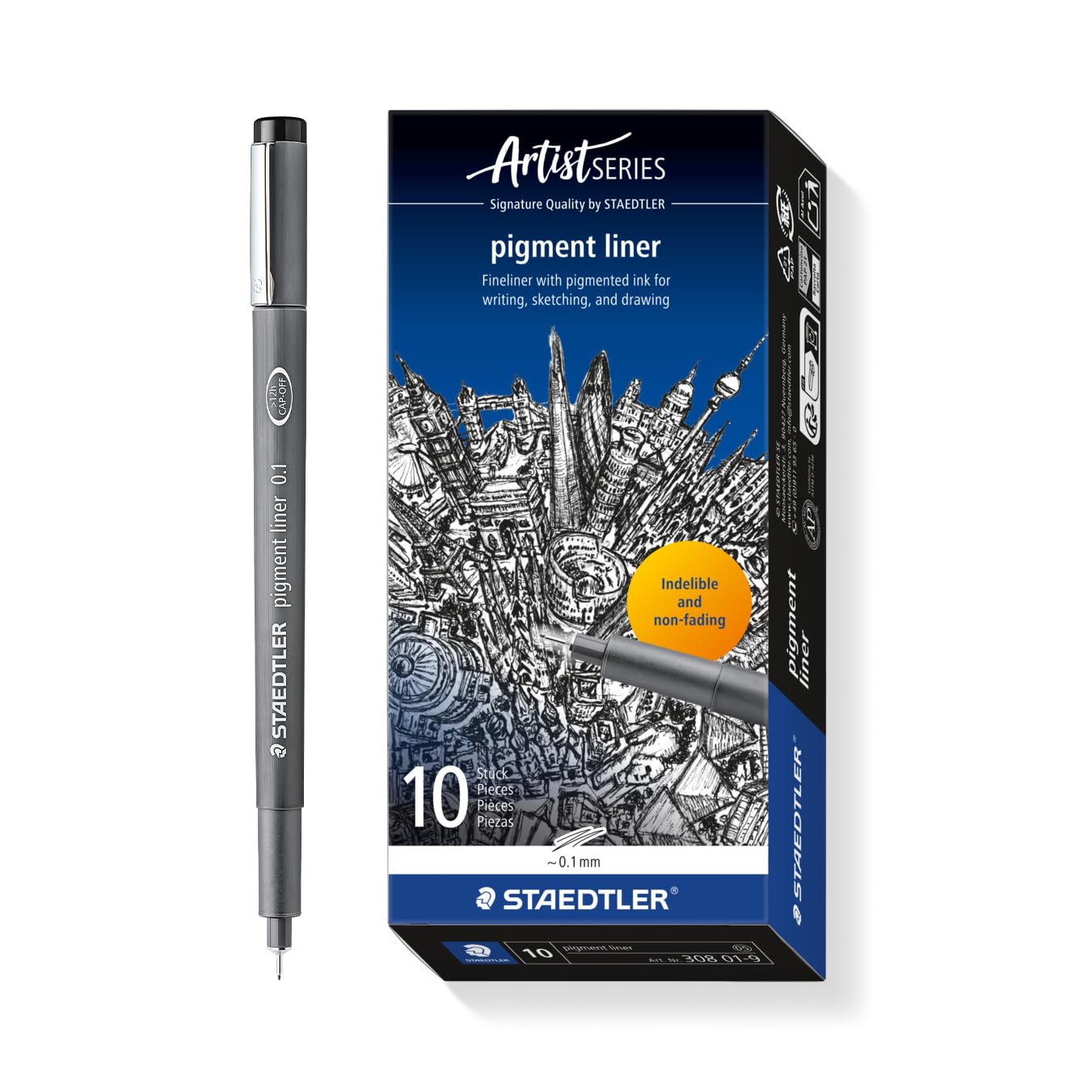 STAEDTLER 308 01-9 Pigment Liner Fineliner Pen for Writing & Technical Drawing - Black, 0.1mm (Box of 10)