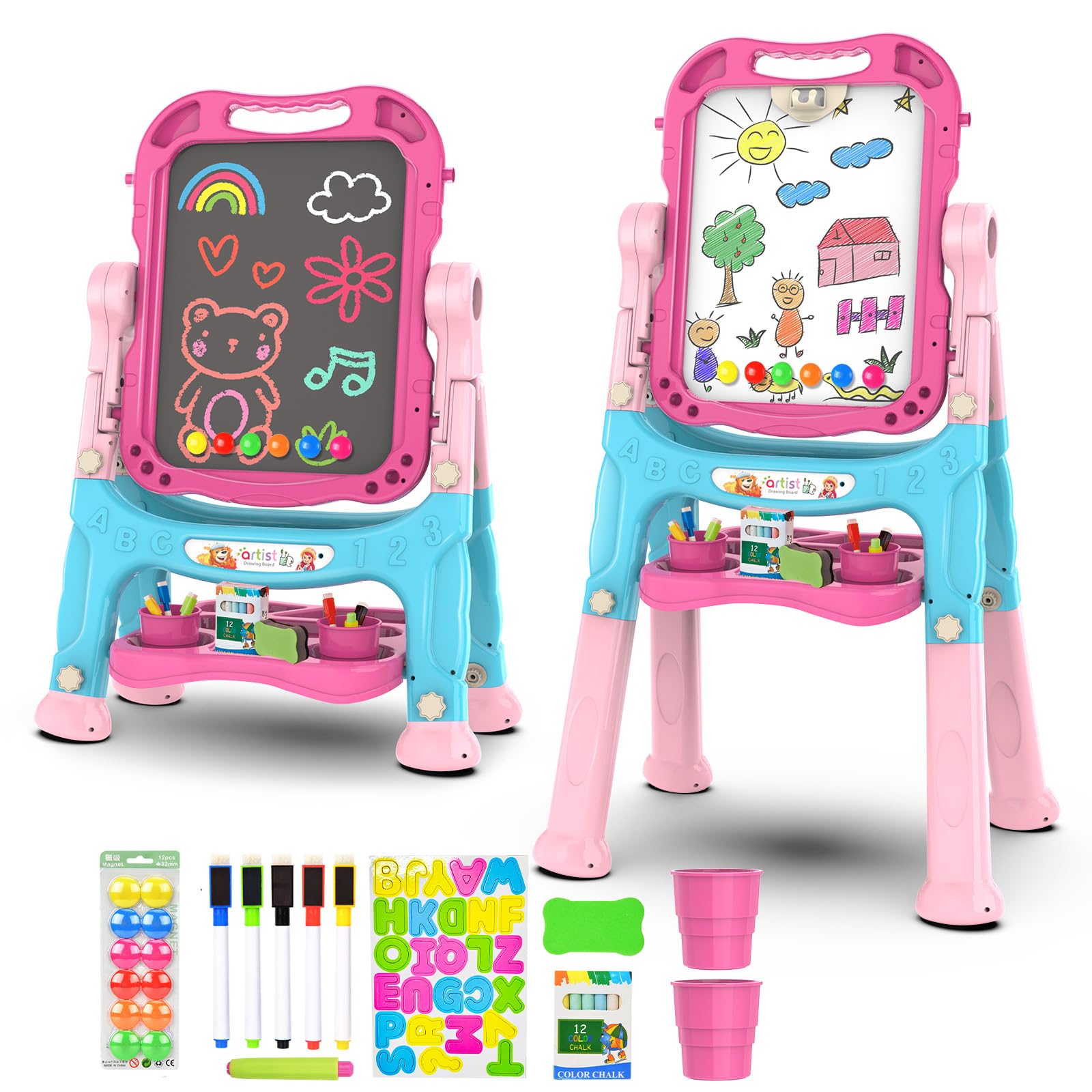 Photo 1 of Amagoing Easel for Kids, Adjustable Standing Art Easel for Toddler, Double Chalk Drawing Board with Painting Accessories, Birthday Christmas Gift for Girls 3 4 5 Years Old