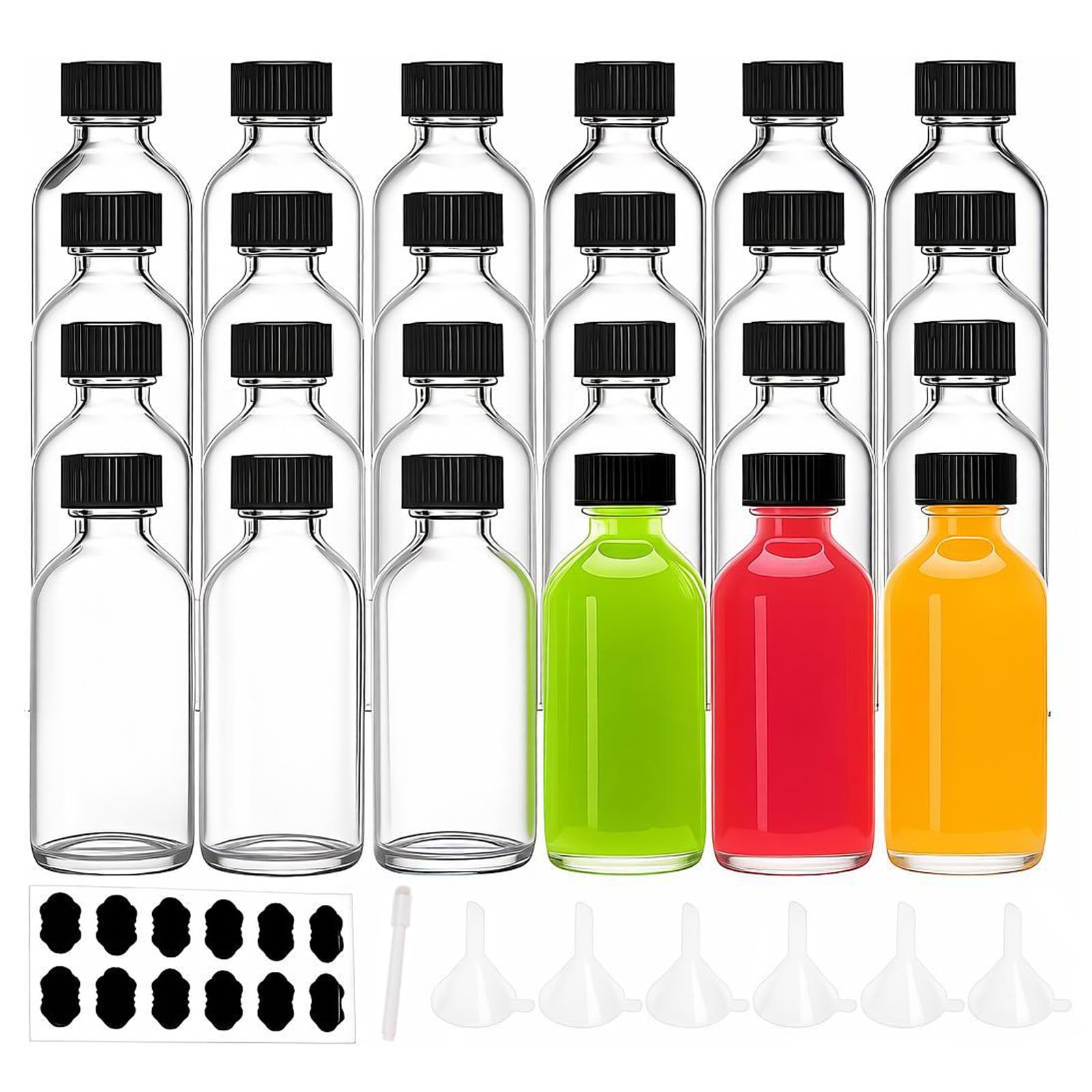 YBCPACK 24 Pack 60ml Glass Shot Bottles with Lids, Small Ginger Bottles for Juice, Essential Oil, Clear Miniature Alcohol Bottle Refillable with 8 Mini Funnels, 12 Chalk Labels and 1 Pen