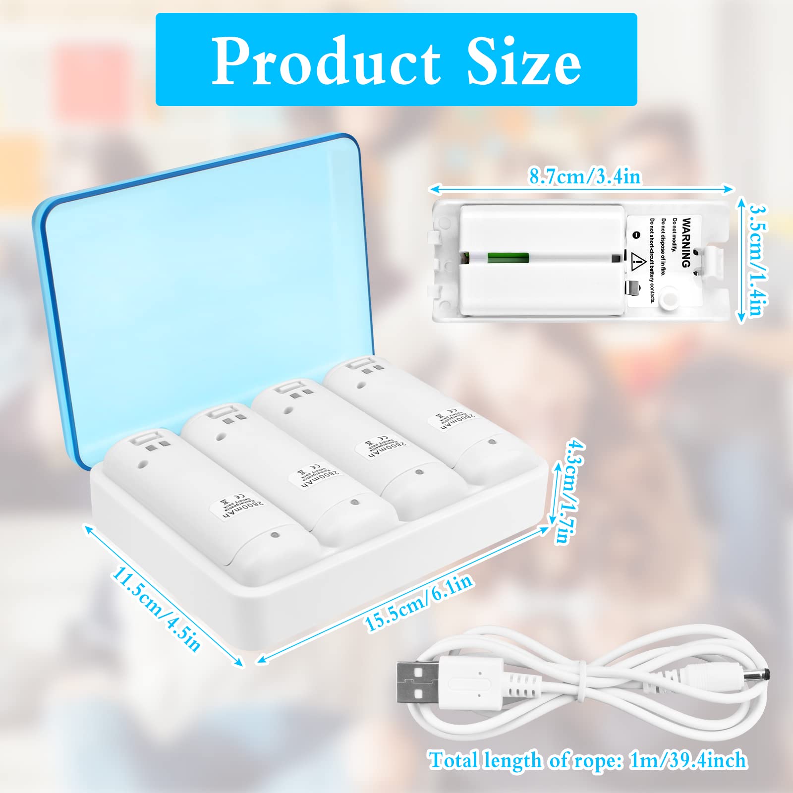 4-in-1 Charging Station for Wii U Remote Controller, 4 Pcs Rechargeable 2800 mAh Battery Packs with USB Cable Compatible for Wii U Remote Game Controller (White)