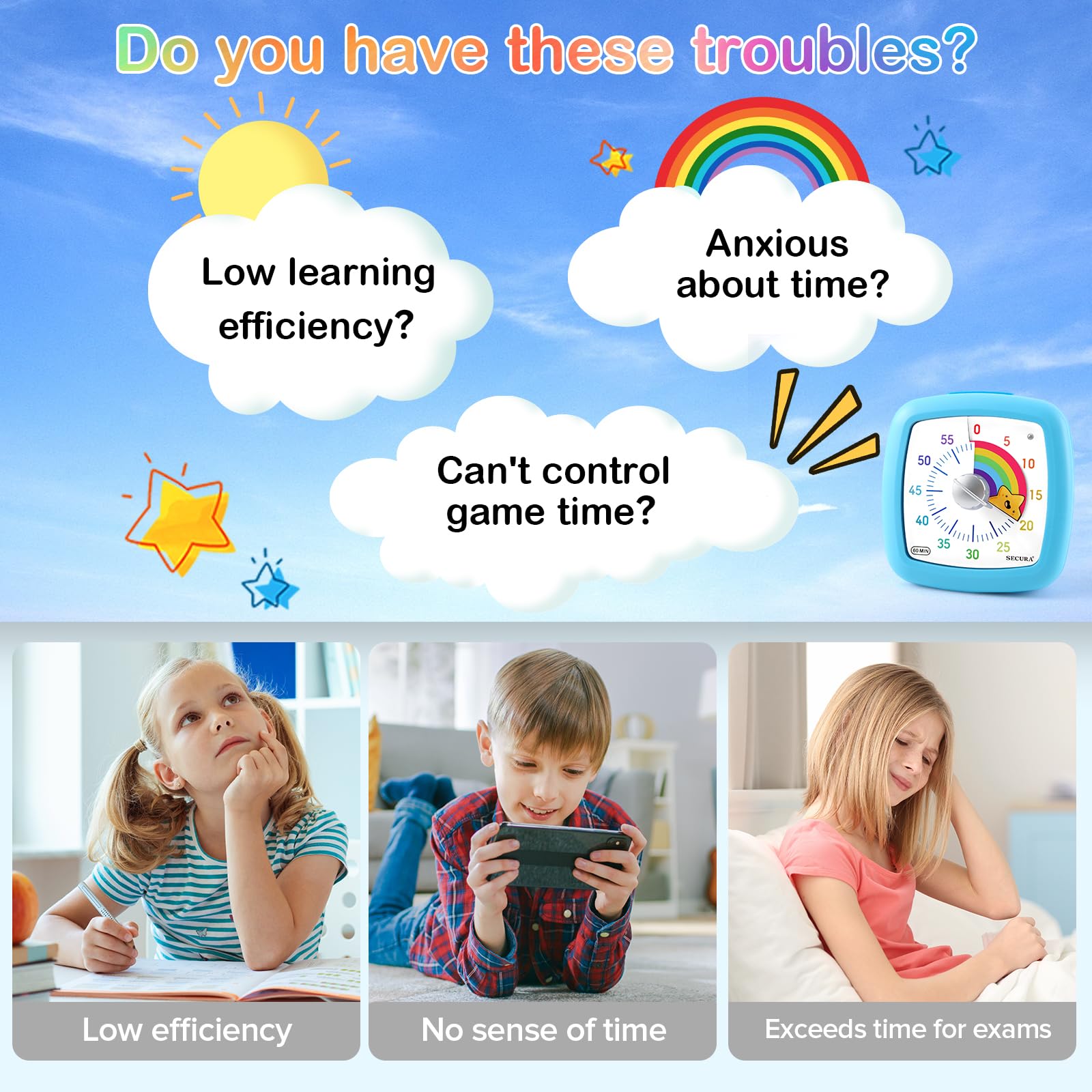 Secura 60-Minute Visual Timer, Silent Study Timer for Kids and Adults, Time Clocks, Time Management Countdown Timer for Teaching (Blue & Star)
