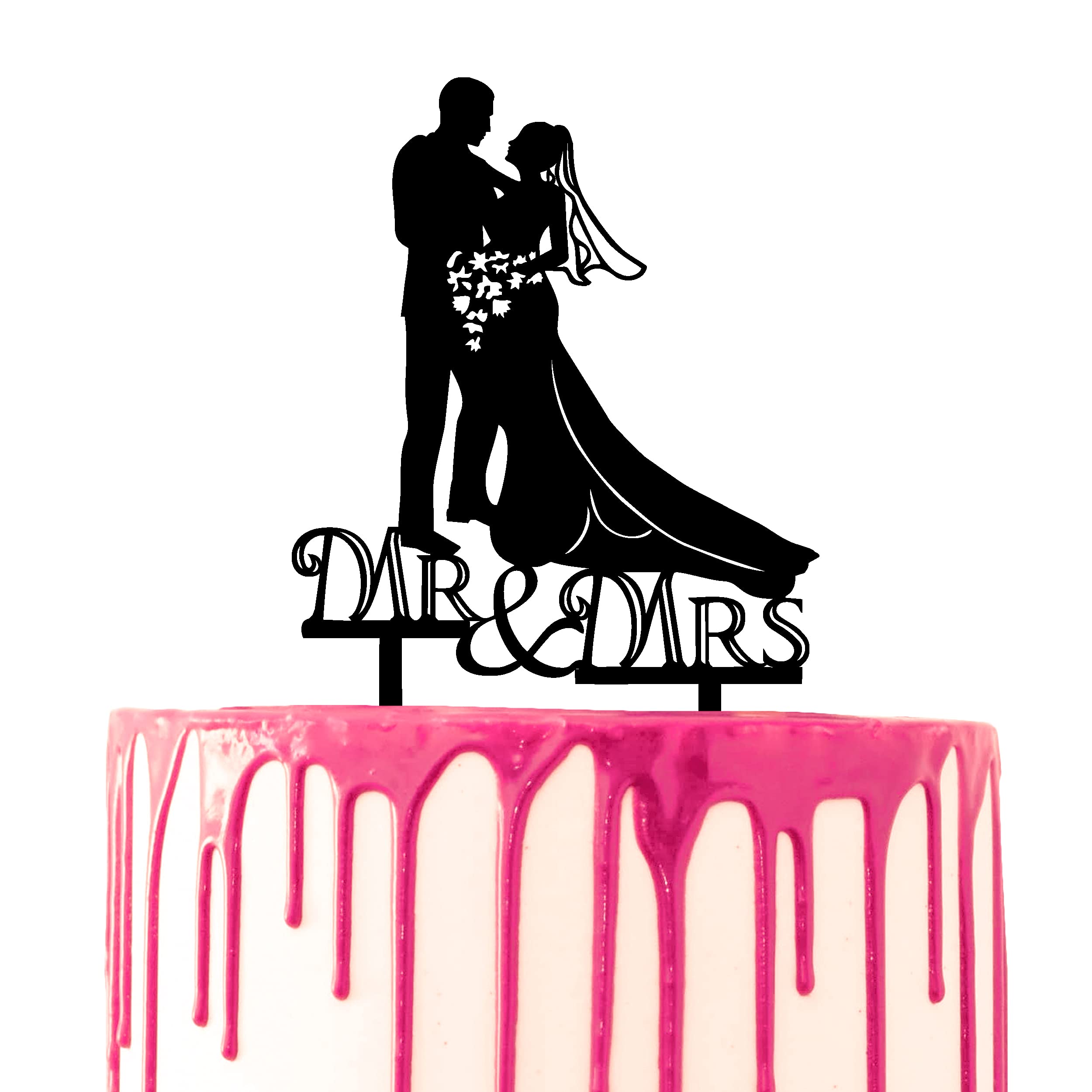 CARISPIBET decorative cake topper with groom & bride in classic outfits and a scrip Mr & Mrs beneath them